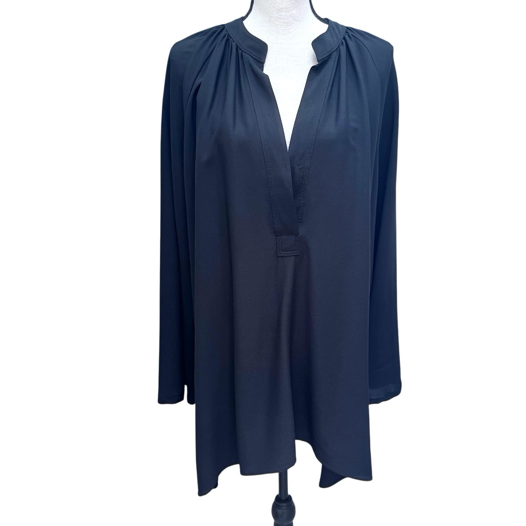 Helmut Lang Black Silk Oversized Flowy Split Neck Tunic Blouse